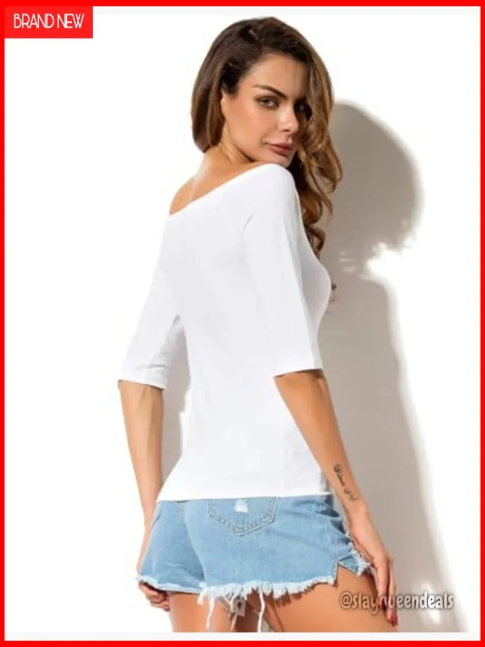 Off Shoulder Boat Neck Half Sleeve Cotton Blouse Summer Top Slim Fit - Picture 4 of 7